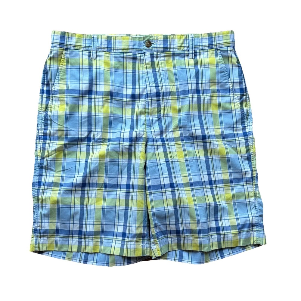 FJ FootJoy Men's Golf Shorts Blue Yellow Plaid Lightweight Size 34 Logo